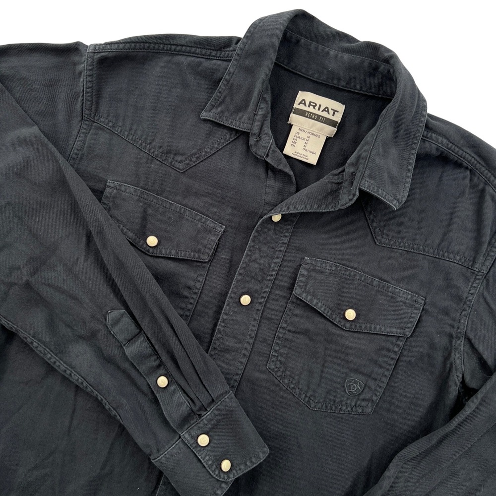 Ariat Jurlington Retro Snap LS Shirt Mens M Black Western Cowboy Workwear Faded